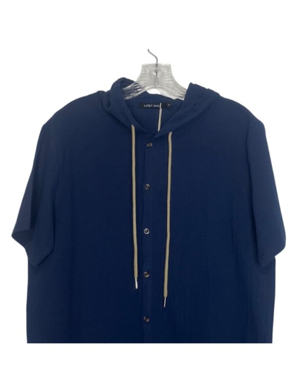Linet Chic Short Sleeve Button Up Hoodie Shirt Small Navy Blue New - Picture 3 of 8